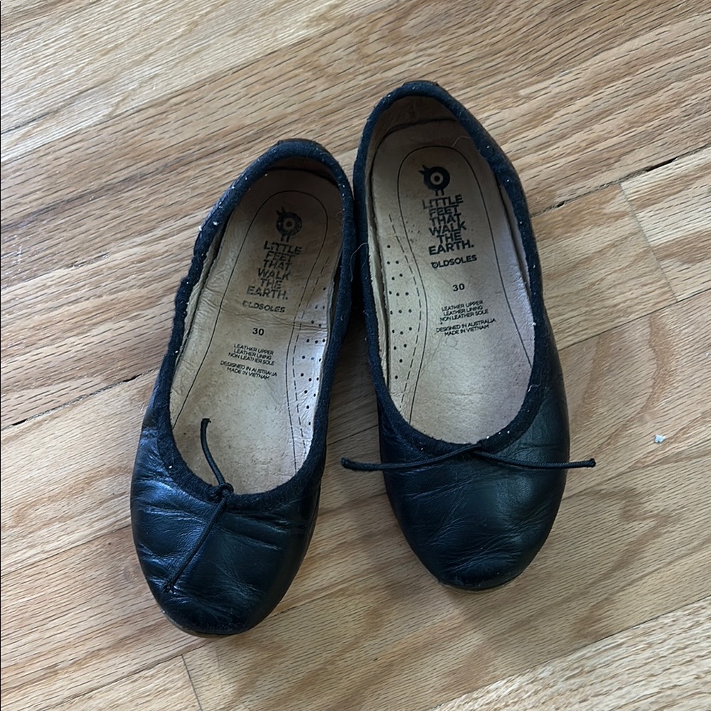 Little Feet Walk The Earth Black Leather Ballet Flats
